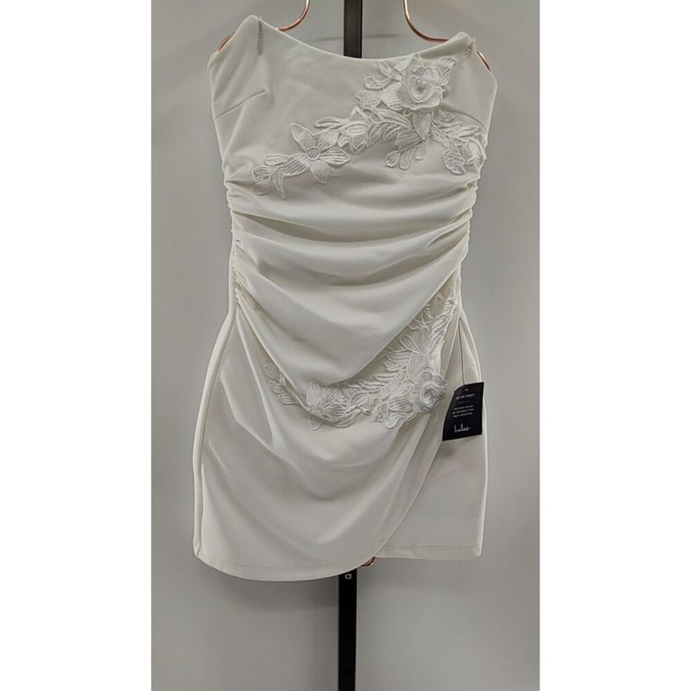 Lulu's White Floral Applique Draped Mini Dress